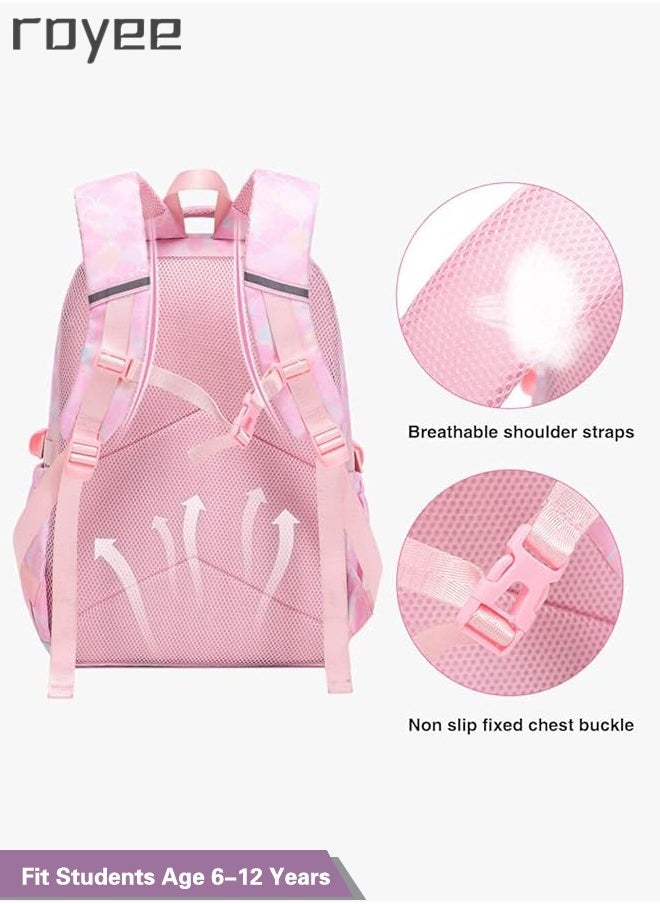 Royee - 3PCS School Backpack Set with Lunch Bag and Pencil Bag, Geometric Print Lightweight Book Bag for Primary School Girl,Purple Backpack - Image 1
