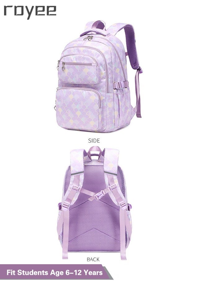 Royee - 3PCS School Backpack Set with Lunch Bag and Pencil Bag, Geometric Print Lightweight Book Bag for Primary School Girl,Purple Backpack - Image 1