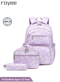 Royee 3PCS School Backpack Set with Lunch Bag and Pencil Bag, Geometric Print Lightweight Book Bag for Primary School Girl,Purple Backpack  - Image 3