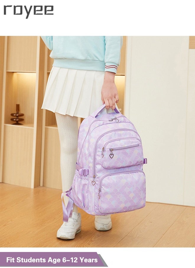 Royee - 3PCS School Backpack Set with Lunch Bag and Pencil Bag, Geometric Print Lightweight Book Bag for Primary School Girl,Purple Backpack - Image 1