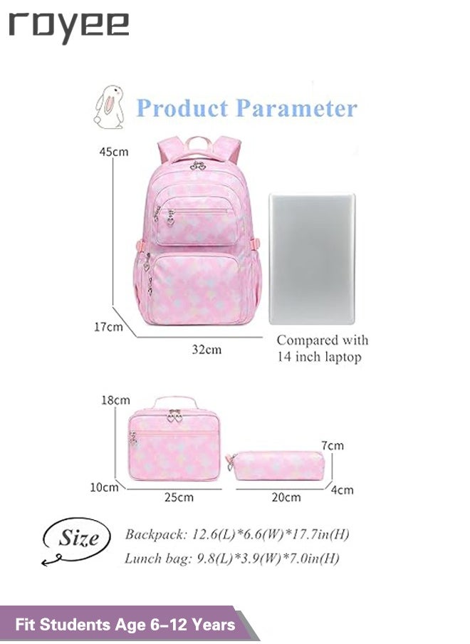 Royee - 3PCS School Backpack Set with Lunch Bag and Pencil Bag, Geometric Print Lightweight Book Bag for Primary School Girl,Purple Backpack - Image 1