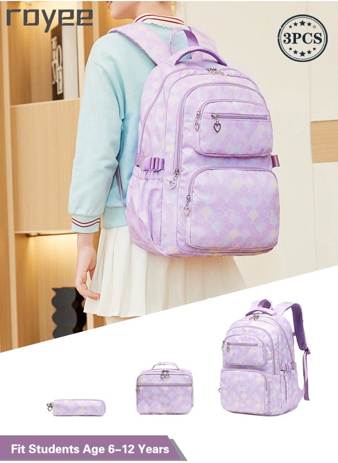 Royee - 3PCS School Backpack Set with Lunch Bag and Pencil Bag, Geometric Print Lightweight Book Bag for Primary School Girl,Purple Backpack - Image 1