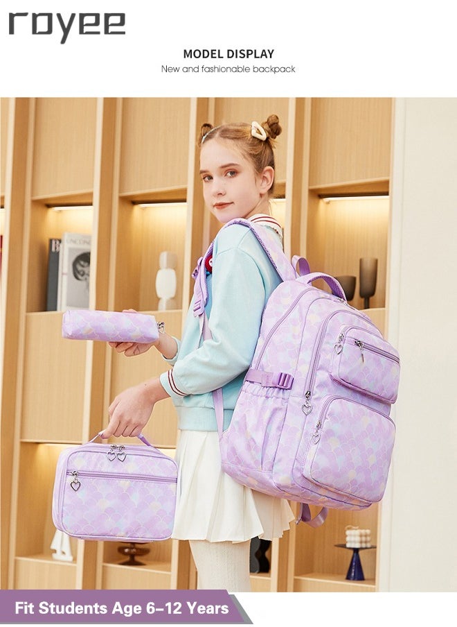 Royee - 3PCS School Backpack Set with Lunch Bag and Pencil Bag, Geometric Print Lightweight Book Bag for Primary School Girl,Purple Backpack - Image 1