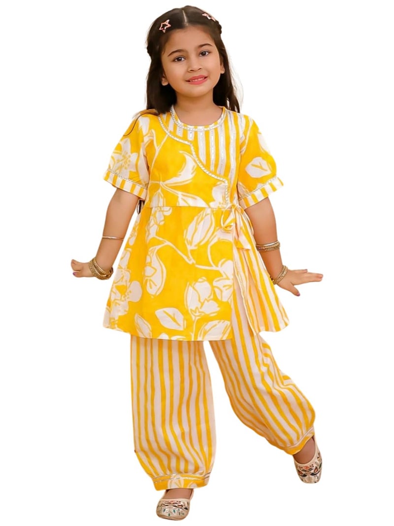 AJ DEZINES Kids Cotton 3/4th Sleeve Yellow Kurta Sharara Set for Girls - Ethnic Wear | Festival Outfit - Floral Printed Kurti, Regular Fit Pant (G-1173-YELLOW-12-18M-16) - Image 1