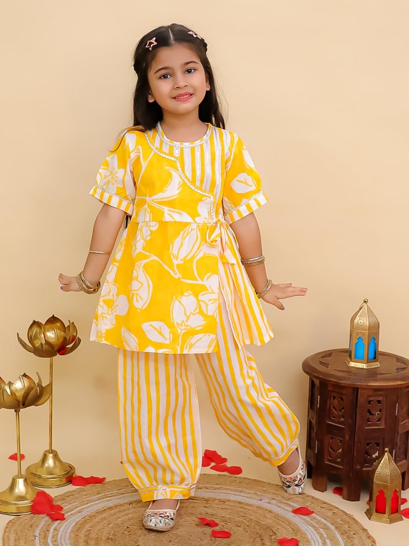 AJ DEZINES Kids Cotton 3/4th Sleeve Yellow Kurta Sharara Set for Girls - Ethnic Wear | Festival Outfit - Floral Printed Kurti, Regular Fit Pant (G-1173-YELLOW-12-18M-16) - Image 2