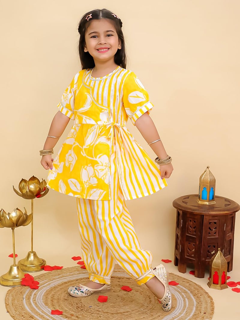 AJ DEZINES Kids Cotton 3/4th Sleeve Yellow Kurta Sharara Set for Girls - Ethnic Wear | Festival Outfit - Floral Printed Kurti, Regular Fit Pant (G-1173-YELLOW-12-18M-16) - Image 5