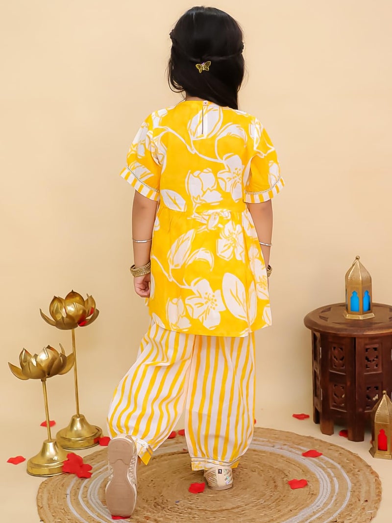 AJ DEZINES Kids Cotton 3/4th Sleeve Yellow Kurta Sharara Set for Girls - Ethnic Wear | Festival Outfit - Floral Printed Kurti, Regular Fit Pant (G-1173-YELLOW-12-18M-16) - Image 3