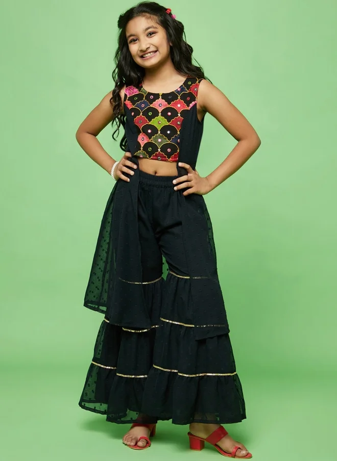 AKS Black Geometric Embroidered Kurta & Sharara Set for Girls