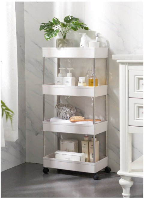 Multi-layer storage cart with wheels, ideal for kitchen and bathroom, white