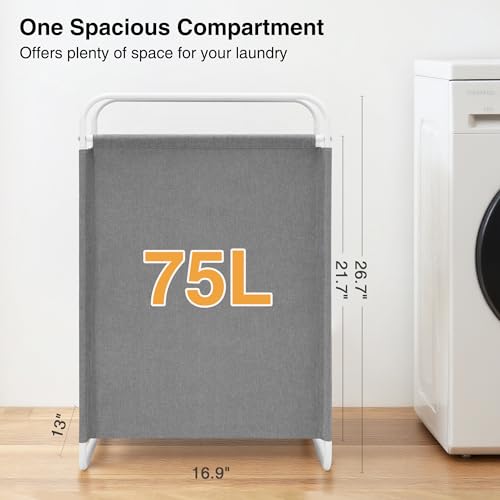 STO STO Laundry Hamper, 75L Laundry Basket with Coated Fabric Bag, Lightweight Portable Dirty Clothes Hamper, Laundry Bin with Metal Frame for Laundry Room, Bedroom, Closet and Dorm, Gray Fabric - Image 3