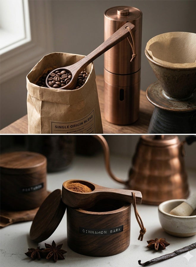 بالمعنى طقم ملاعق قياس قهوة من خشب الجوز الأسود الفاخر من - قطعتين بمقبض طويل وقصير للقهوة، البودرة، والتوابل - Image 2