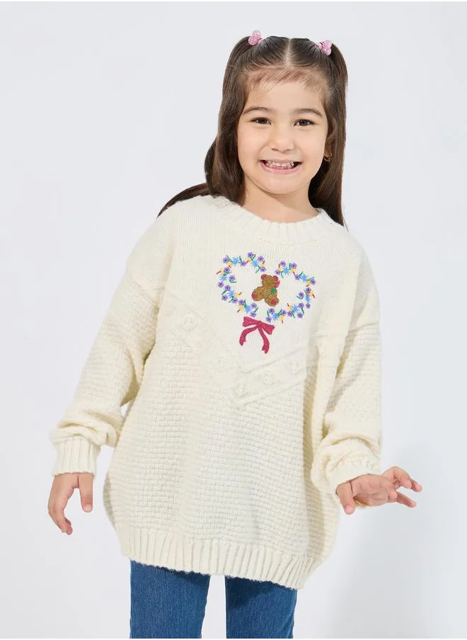 Styli Embroidery Pattern Textured Knit Sweater