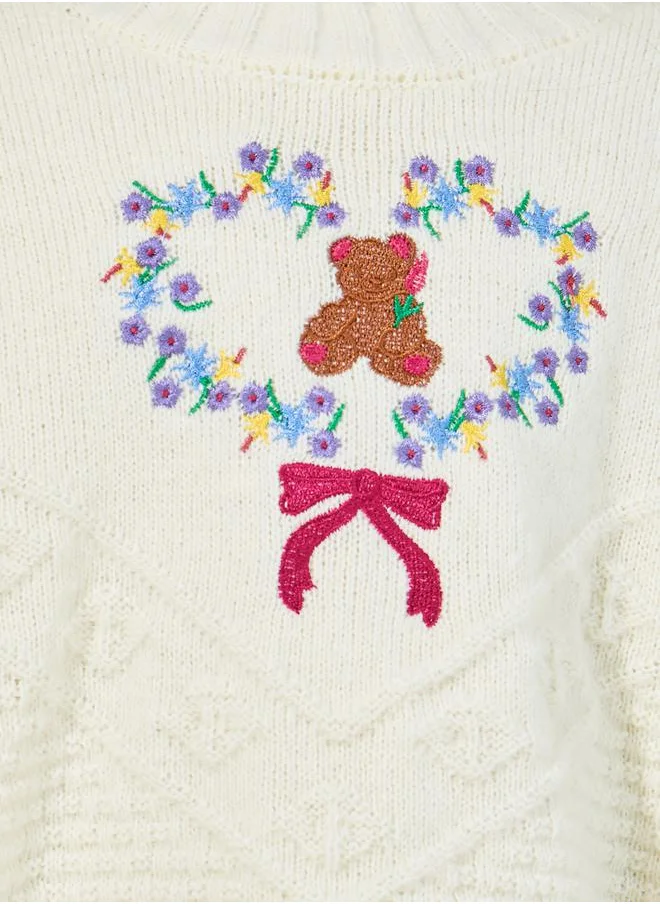 Styli Embroidery Pattern Textured Knit Sweater