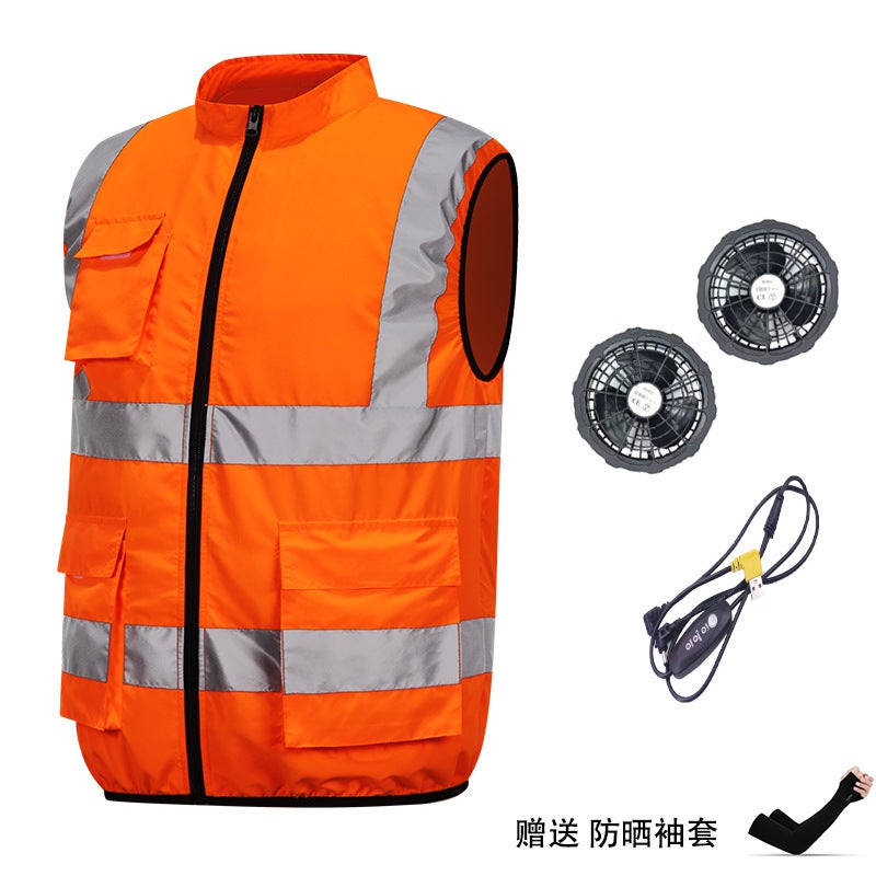 Outdoor Reflective Work Clothes, Summer Clothes with Fans, Mens and Womens Same Style Cooling and Heatstroke Prevention Labor Protection Workwear Vests Orange+fan