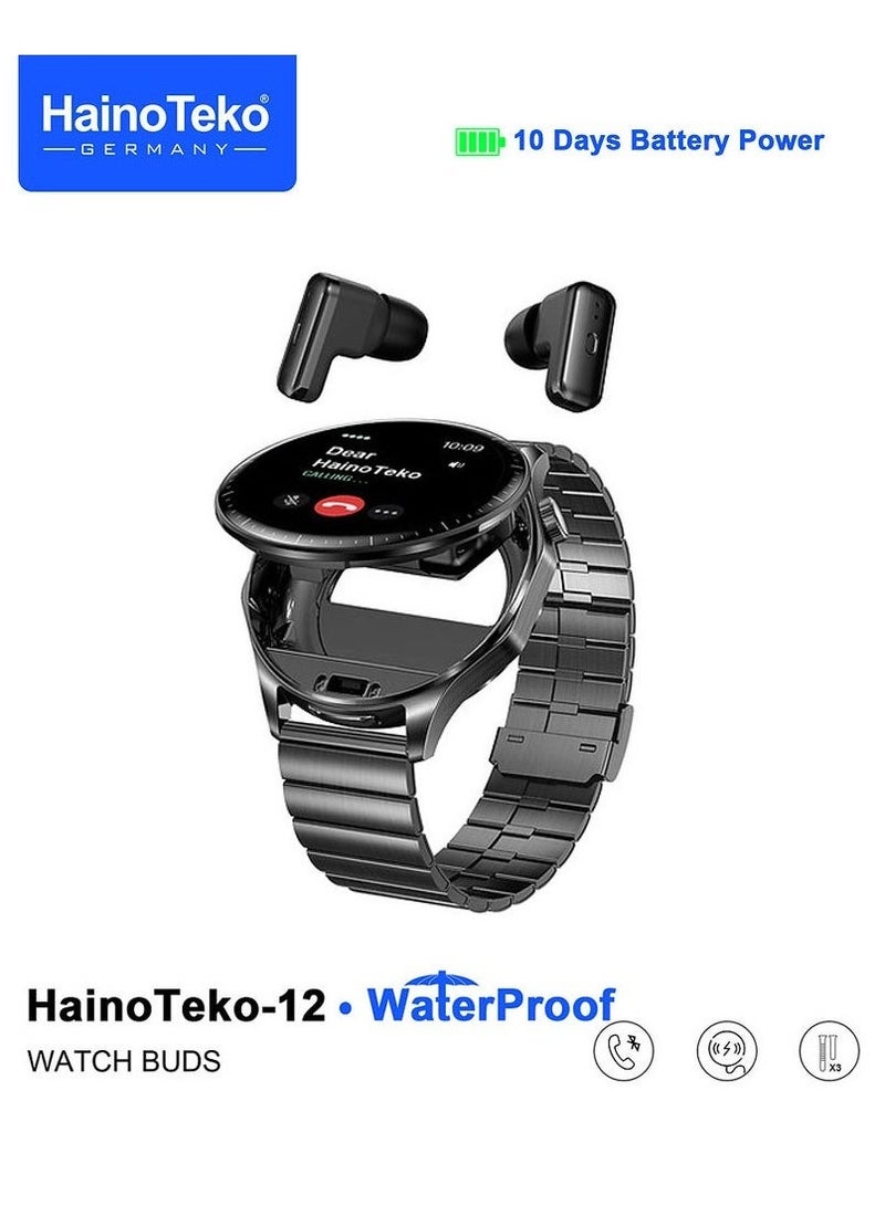 Haino Teko Men's Waterproof Smartwatch with Integrated Wireless Earbuds, AMOLED Display, 3 Strap Options, and Charging Cable - Black Design - Image 1