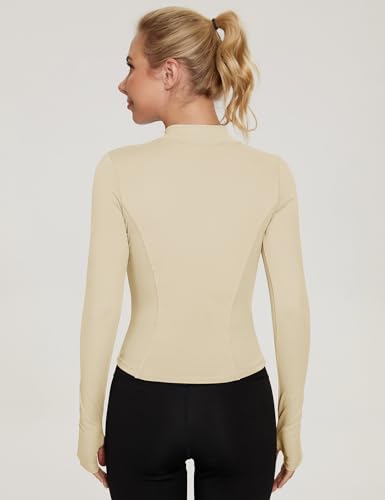 LUYAA Workout Jackets for Women BBL Jacket Bodycon Tight Shirts Long Sleeve Athletic Track Wear Cream M - Image 5