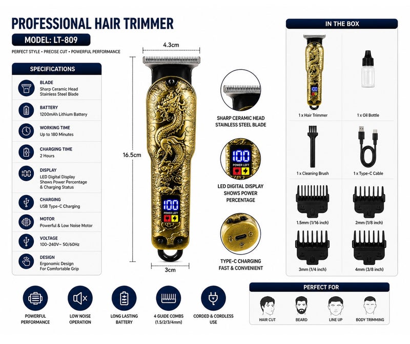 VENDIX Professional Hair Trimmer Rechargeable Cordless Beard Trimmer LED Display USB Fast Charge Precision Cutting Machine for Men - Image 3