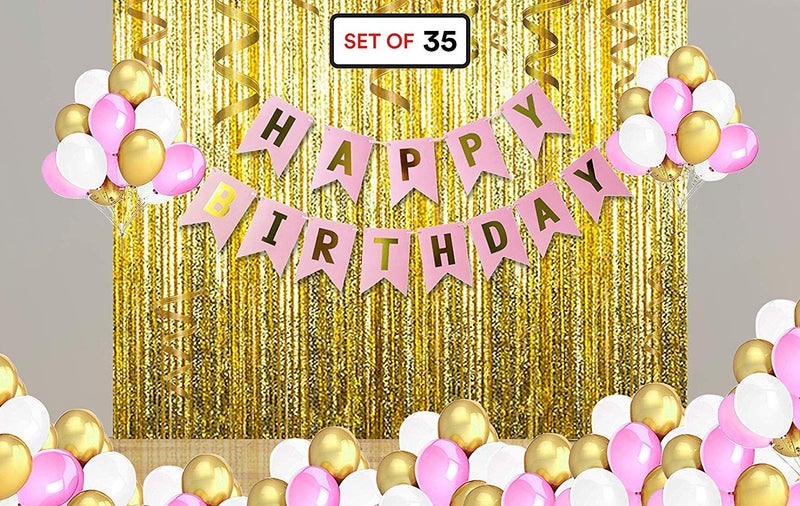 SOI (34 Pcs) Birthday Decoration Items For Girl | Pink Golden Balloons For Decoration | Pink And Gold Balloons For Birthday Decoration - Image 1