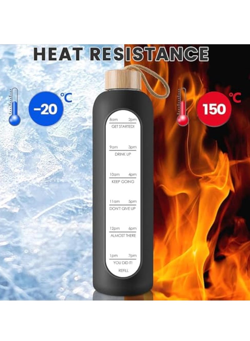 Arabest زجاجة ماء زجاجية، زجاجة ماء بوروسيليكات سعة 32 أونصة مع علامة زمنية، زجاجة ماء خالية من BPA مقاومة للتسرب مع غلاف سيليكون وغطاء من الخيزران للرياضة، في الهواء الطلق (أسود) - Image 2