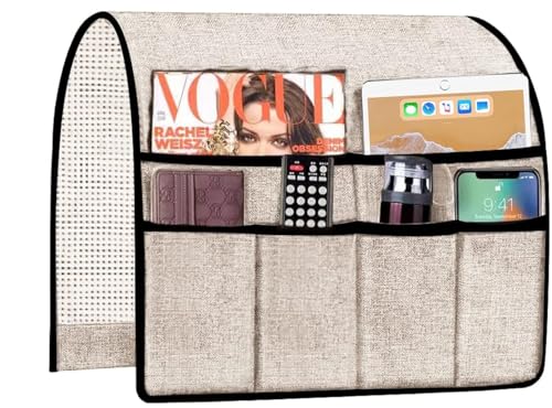 Iwtmm Sofa Armrest Organizer Couch Storage TV Remote Holder for Armchair with 6 Pockets Hanging Remote Control Holder Thick Armchair Caddy Magazine Books Cell Phone iPad 19 x 35 Inches Beige