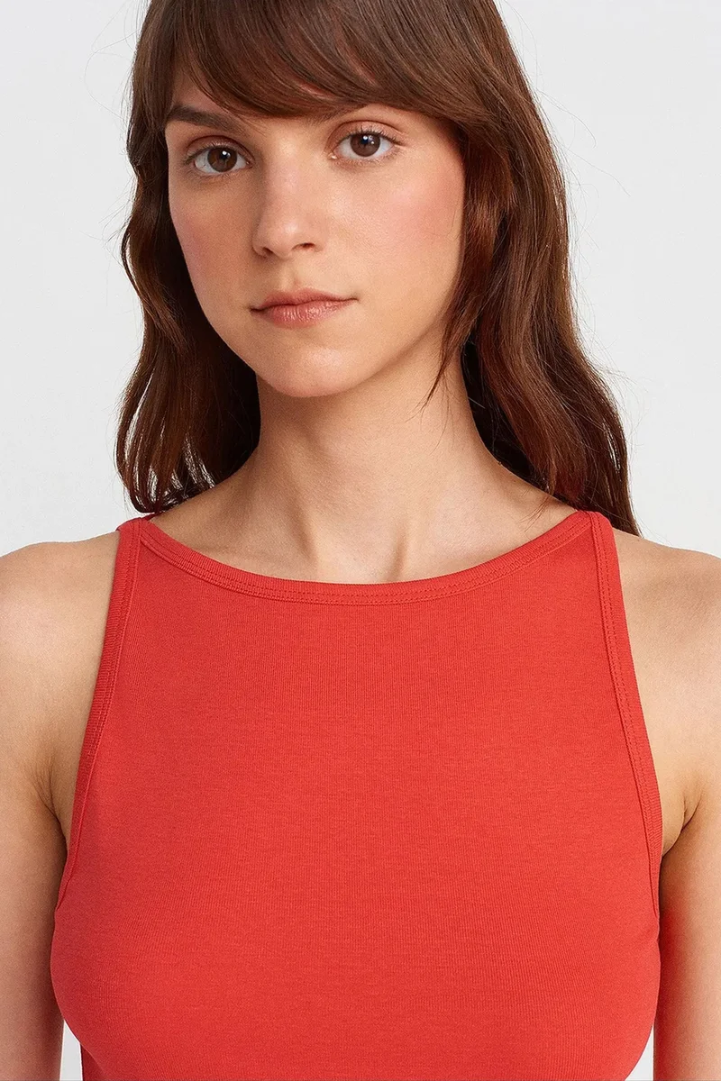 Dilvin Brick Red DILVIN Ribbed Halterneck Slim-Fit Blouse for Women | Best Price UAE