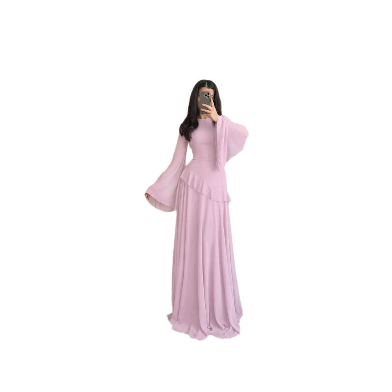 Elegant Long Sleeve A-Line Chiffon Dress with Flounce Hem - Image 5