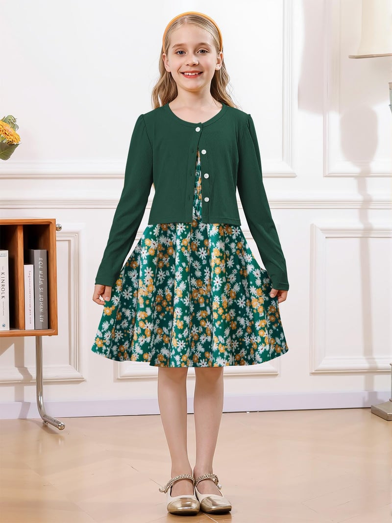 RAISEVERN Girls' Dresses Girl Fall Floral Dress Size 7-8 Picture Day Outfits for School Green-White - Image 2