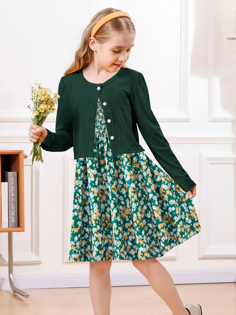 RAISEVERN Girls' Dresses Girl Fall Floral Dress Size 7-8 Picture Day Outfits for School Green-White - Image 4