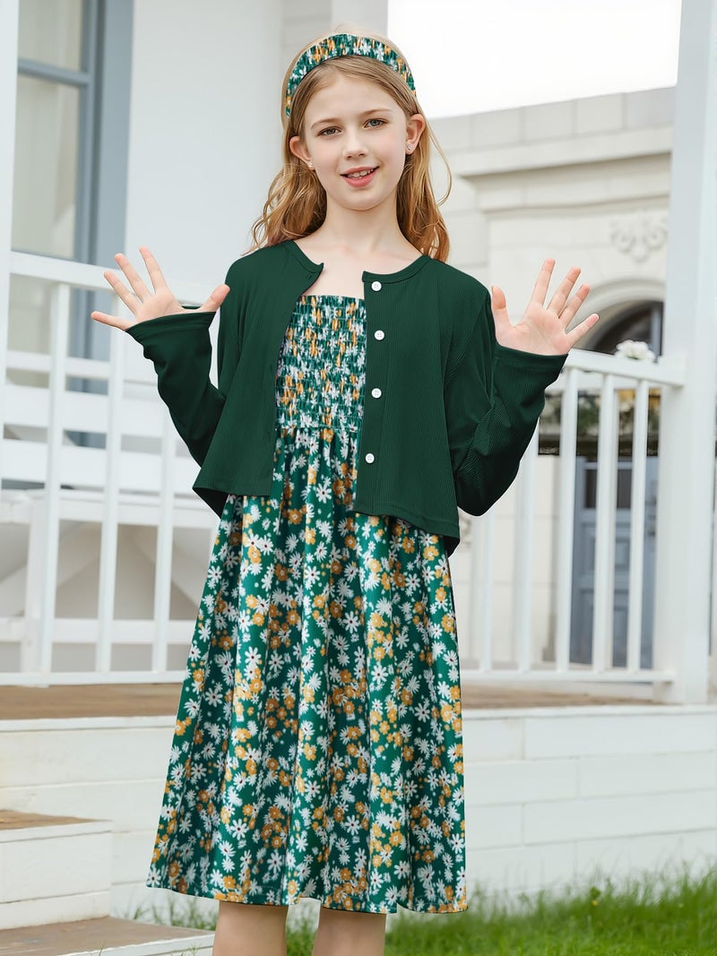 RAISEVERN Girls' Dresses Girl Fall Floral Dress Size 7-8 Picture Day Outfits for School Green-White - Image 3