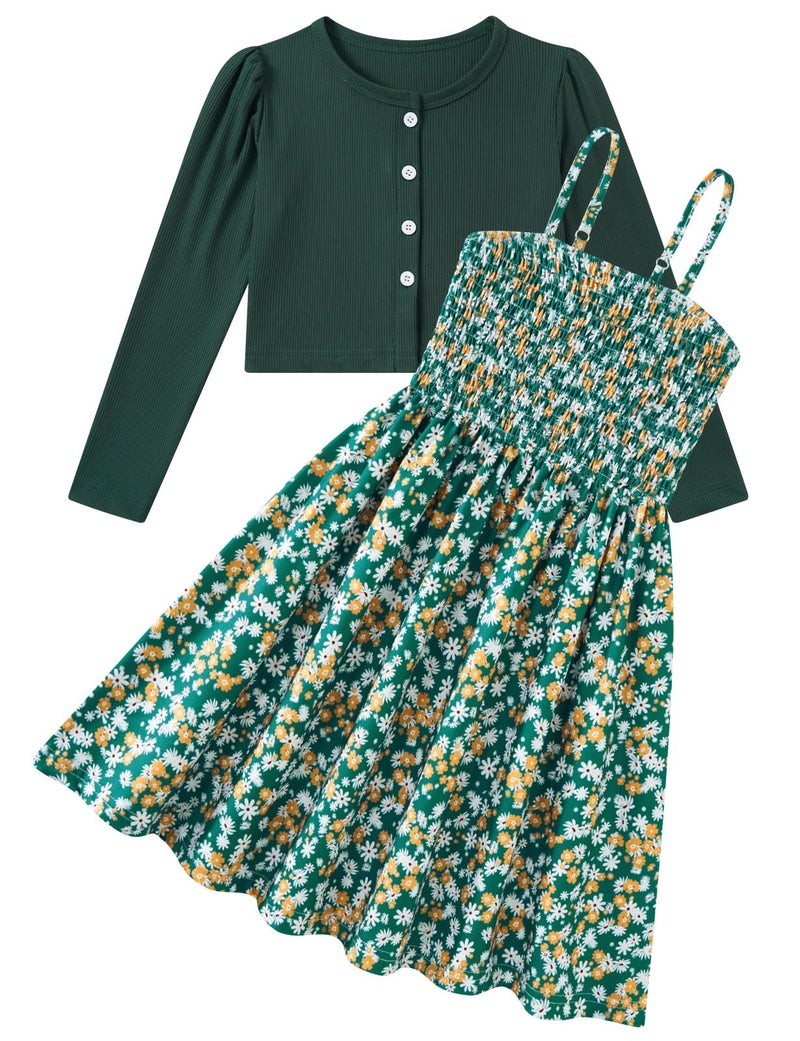 RAISEVERN Girls' Dresses Girl Fall Floral Dress Size 7-8 Picture Day Outfits for School Green-White - Image 1