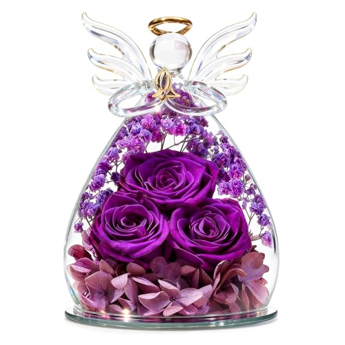 Beferr Birthday Gifts for Women Mom Fresh Flowers for Delivery Prime Forever Preserved Rose in Glass Angel Figurine for Grandma Wife Sister Her Friends Daughter, Purple - Image 1