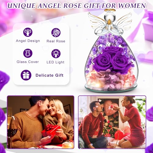 Beferr Birthday Gifts for Women Mom Fresh Flowers for Delivery Prime Forever Preserved Rose in Glass Angel Figurine for Grandma Wife Sister Her Friends Daughter, Purple - Image 5