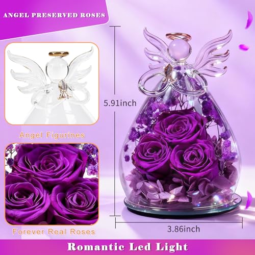 Beferr Birthday Gifts for Women Mom Fresh Flowers for Delivery Prime Forever Preserved Rose in Glass Angel Figurine for Grandma Wife Sister Her Friends Daughter, Purple - Image 4