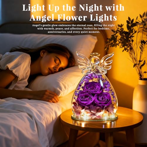 Beferr Birthday Gifts for Women Mom Fresh Flowers for Delivery Prime Forever Preserved Rose in Glass Angel Figurine for Grandma Wife Sister Her Friends Daughter, Purple - Image 3