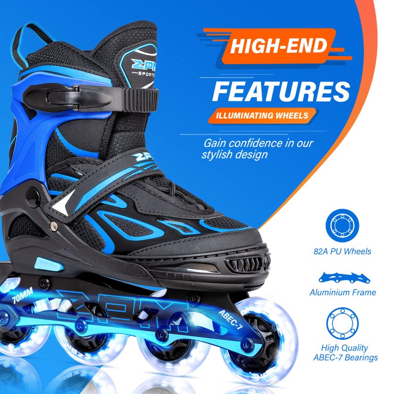 2PM SPORTS Vinal Boys Adjustable Flashing Inline Skates, All Wheels Light Up, Fun Illuminating Skates for Kids and Men- Azure Small (11C-13C US) - Image 4