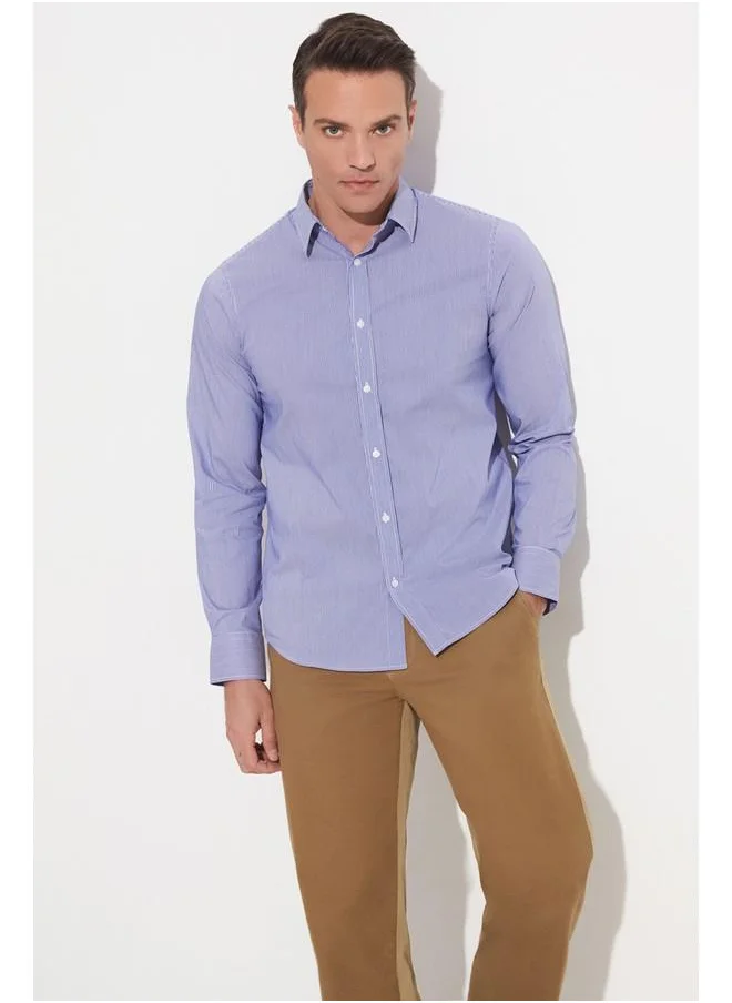 جون June Men 100% Cotton Slim Fit Thin Striped Long Sleeve Shirt Blue