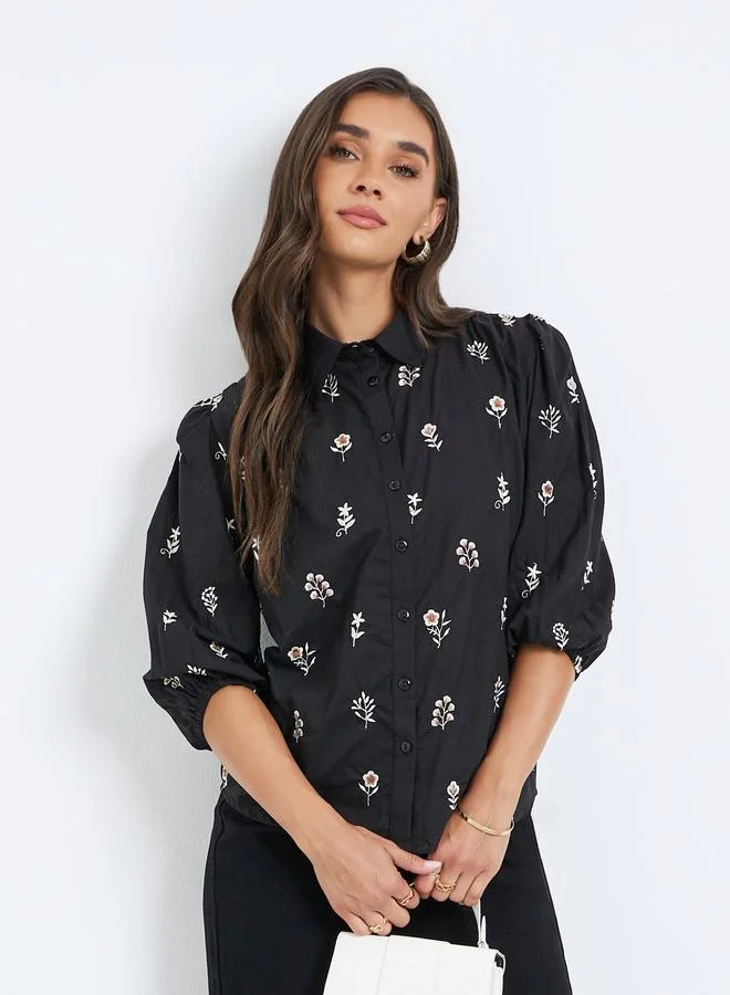 Styli Women Black Embroidered Shirt with 3/4 Sleeves