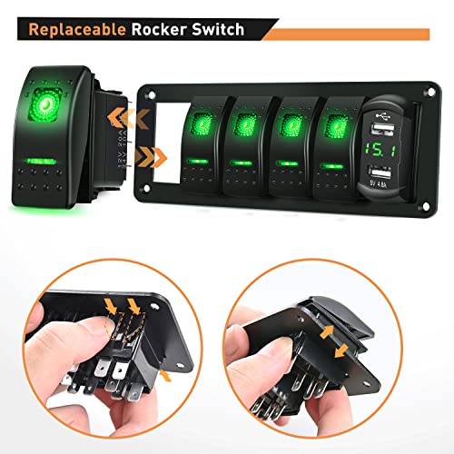 GOOACC 5 Gang Rocker Switch Panel Green Backlit with 48 Amp Dual USB Charger Voltmeter Waterproof 12V 24V DC Rocker Switch with Night Glow Stickers for Car Trucks Boats RVs - Image 3