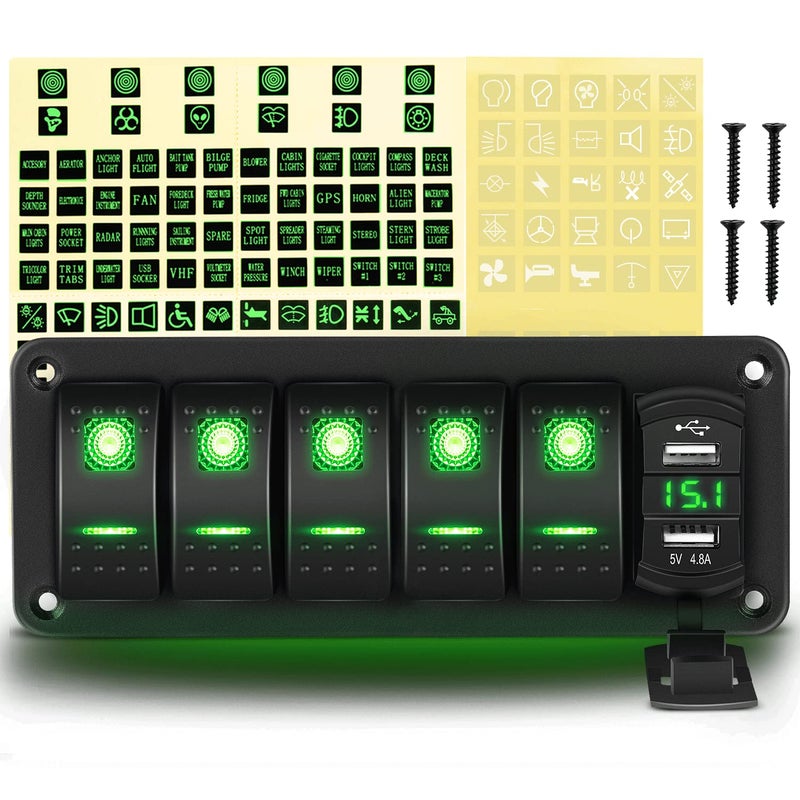GOOACC 5 Gang Rocker Switch Panel Green Backlit with 48 Amp Dual USB Charger Voltmeter Waterproof 12V 24V DC Rocker Switch with Night Glow Stickers for Car Trucks Boats RVs - Image 2