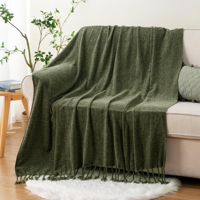 BATTILO HOME Olive Green Chenille Throw Blanket for Couch Soft Cozy Textured Knit Throw Blanket with Handmade Fringe Tassels Lightweight Decorative Farmhouse Blanket for Sofa Bed Chair 50x60 - Image 2