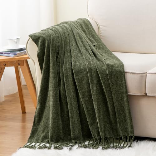 BATTILO HOME Olive Green Chenille Throw Blanket for Couch Soft Cozy Textured Knit Throw Blanket with Handmade Fringe Tassels Lightweight Decorative Farmhouse Blanket for Sofa Bed Chair 50x60 - Image 3