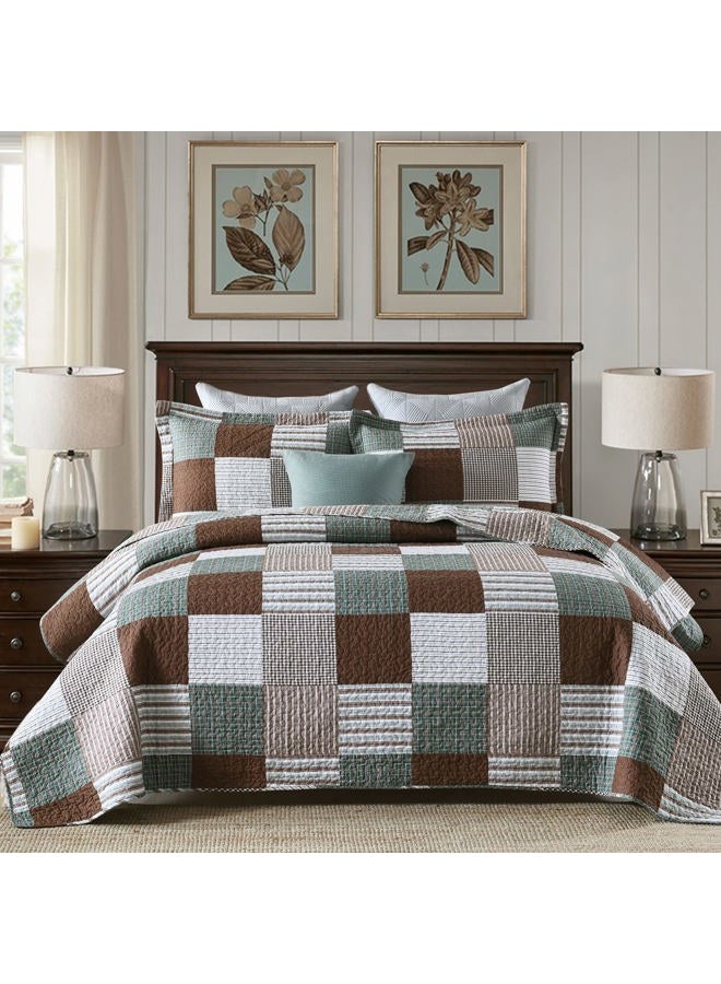 Finlonte King Size Quilt, 100% Cotton Lightweight Bedspread, Brown Green White Plaid Patchwork Soft Reversible Quilt King Size for Bed Set All Season, 3-Pieces - Image 1