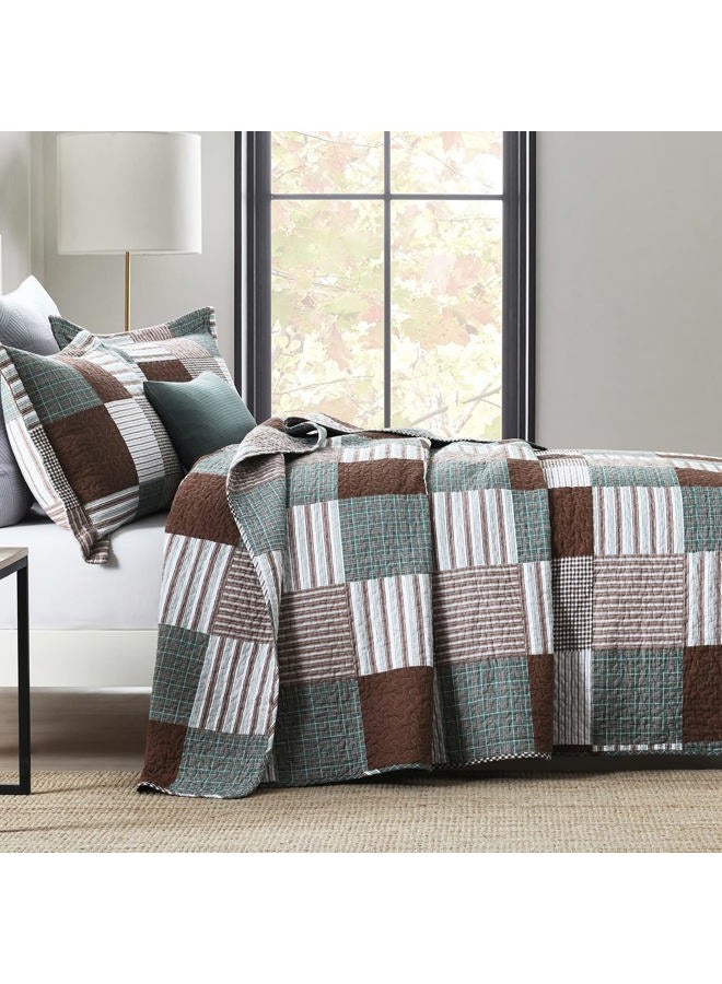Finlonte King Size Quilt, 100% Cotton Lightweight Bedspread, Brown Green White Plaid Patchwork Soft Reversible Quilt King Size for Bed Set All Season, 3-Pieces - Image 2