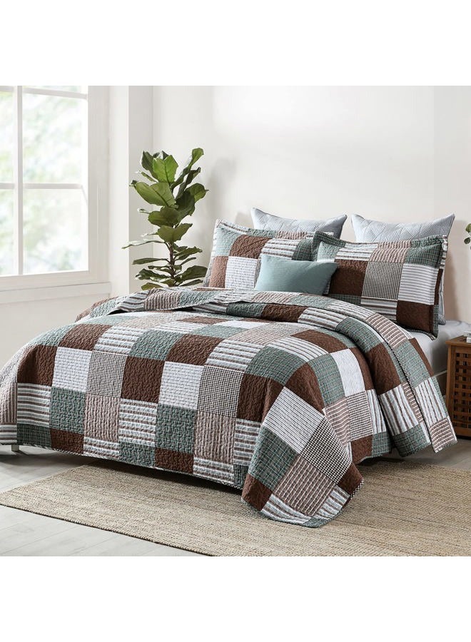 Finlonte King Size Quilt, 100% Cotton Lightweight Bedspread, Brown Green White Plaid Patchwork Soft Reversible Quilt King Size for Bed Set All Season, 3-Pieces - Image 3