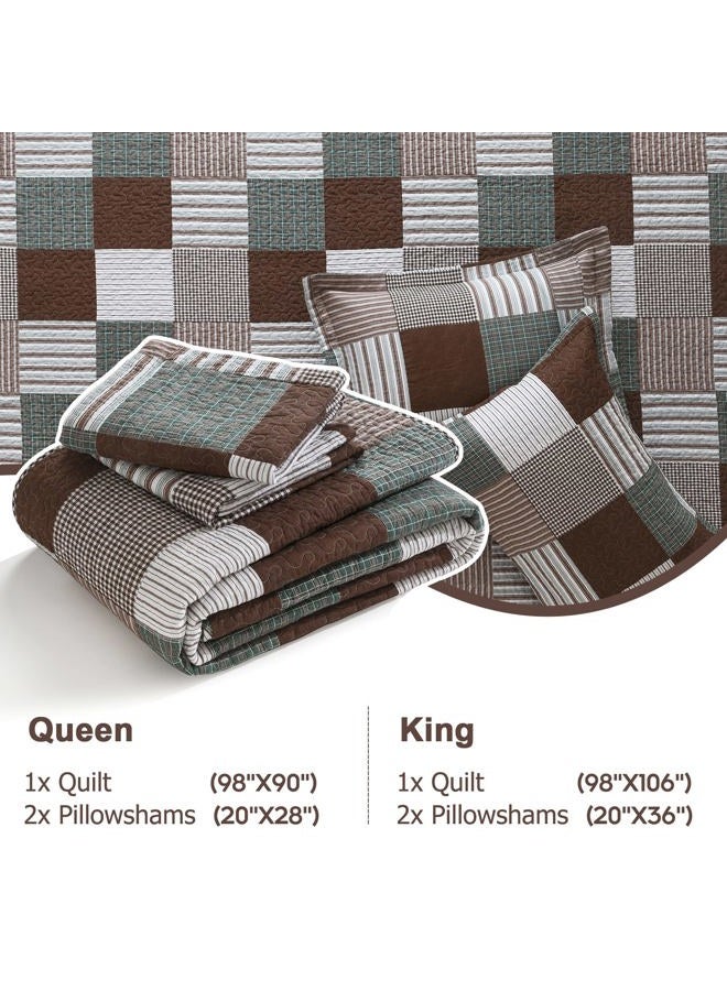 Finlonte King Size Quilt, 100% Cotton Lightweight Bedspread, Brown Green White Plaid Patchwork Soft Reversible Quilt King Size for Bed Set All Season, 3-Pieces - Image 5