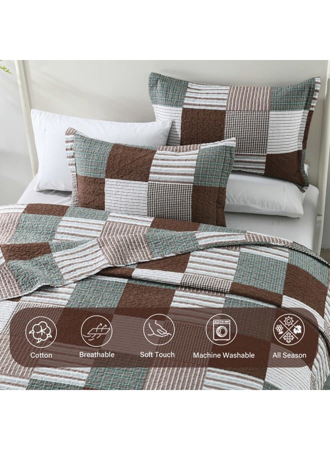 Finlonte King Size Quilt, 100% Cotton Lightweight Bedspread, Brown Green White Plaid Patchwork Soft Reversible Quilt King Size for Bed Set All Season, 3-Pieces - Image 4