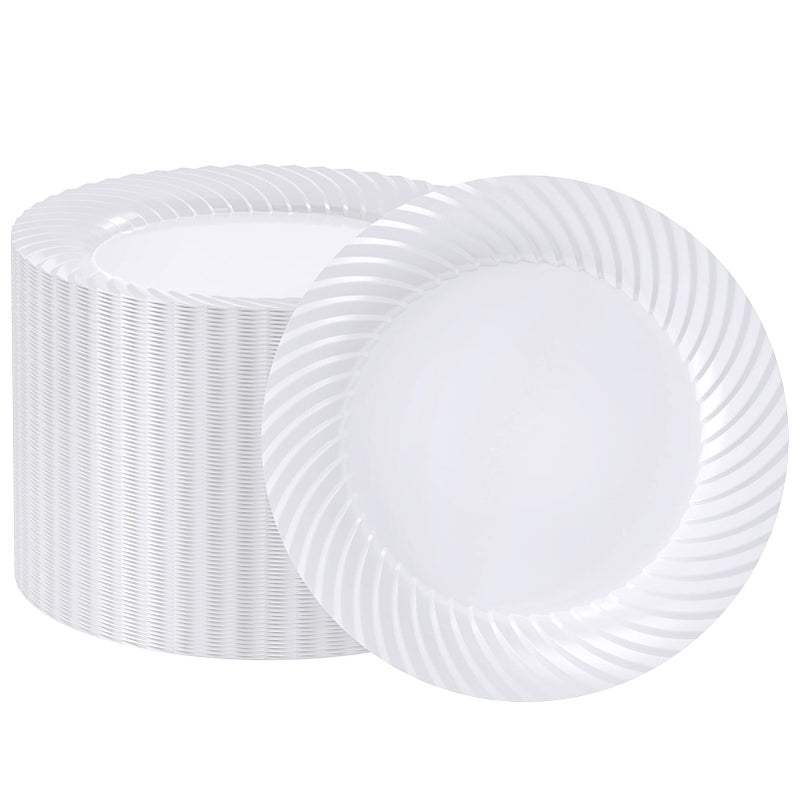 FOCUSLINE 10 Inch White Plastic Plates100 Count Disposable Heavy Duty Dinner Plates Premium Hard Plastic for Weddings Parties and Events