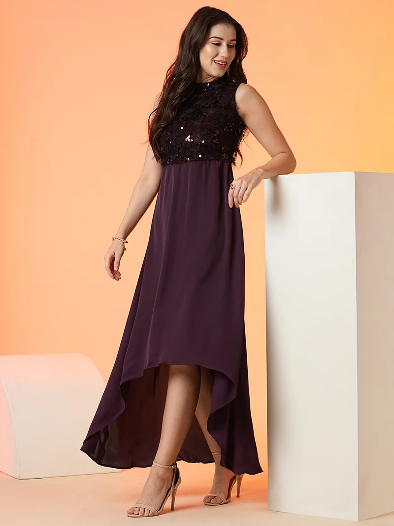 globus Women Sequined High Low Hem Fit & Flare Maxi Party Dress