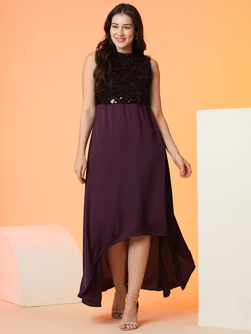 globus Women Sequined High Low Hem Fit & Flare Maxi Party Dress