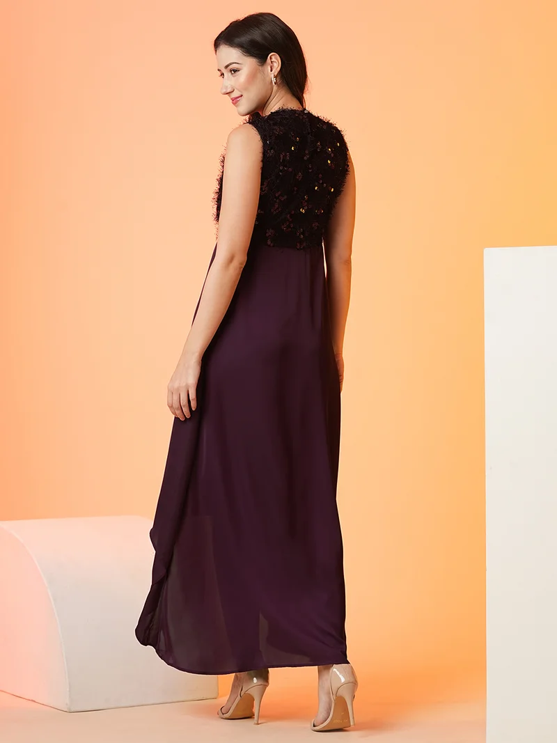 globus Women Sequined High Low Hem Fit & Flare Maxi Party Dress